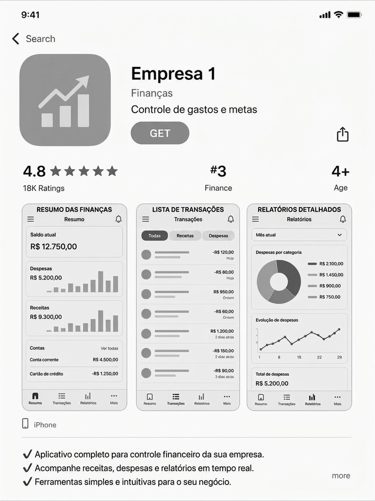 Página do app na App Store depois da otimização, com nota 4,8 e prints com promessa